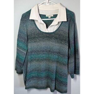 Studio Works Womens Blue/Green Layered Collar Sweater 3X Casual Preppy